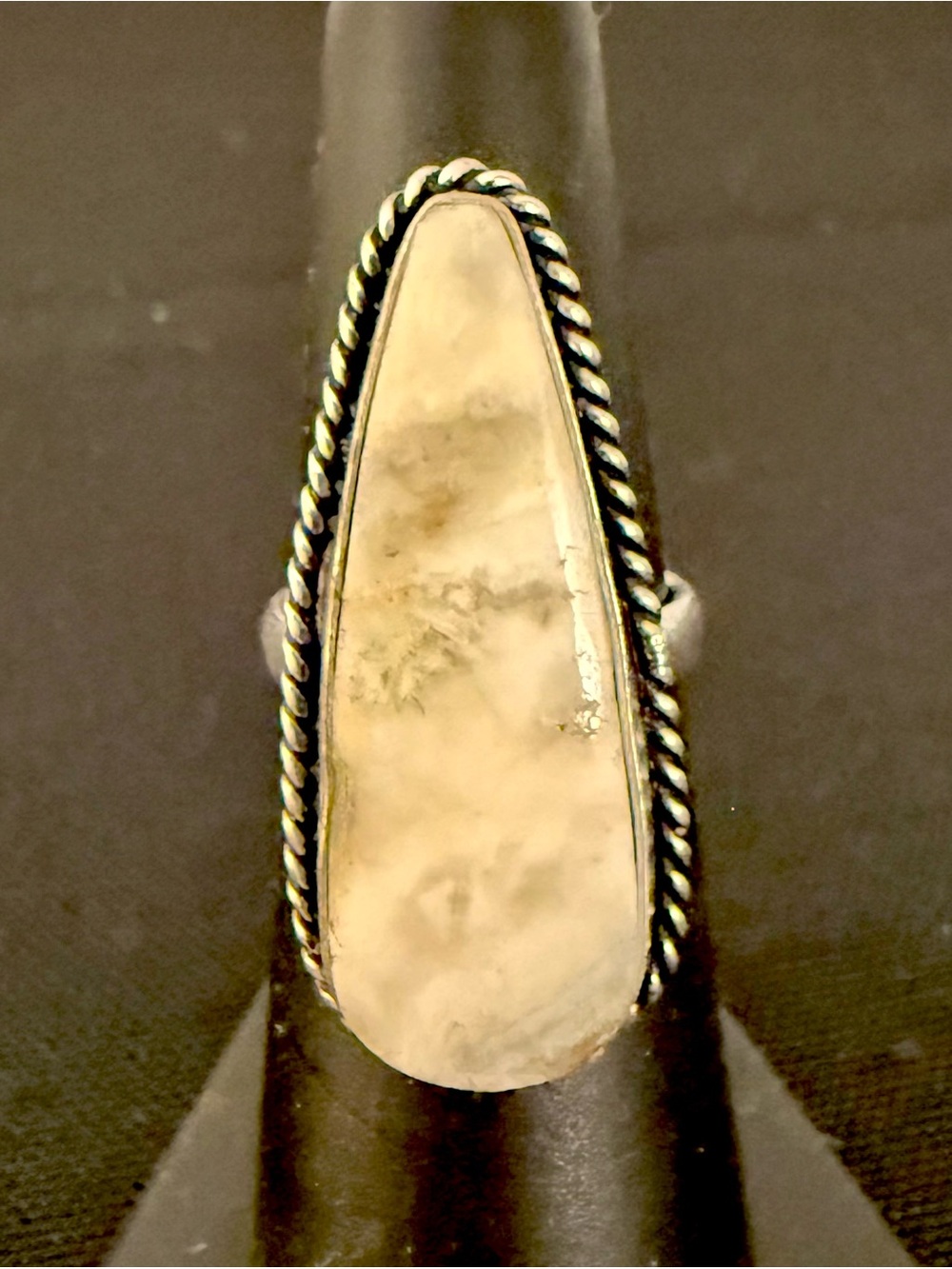 925 Sterling Silver Dendritic Agate Long Statement Ring Size 6 Rope Border